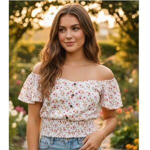 Monteau Crop Top Womens Size M Floral Smocked Waist Flutter Sleeve Boho Stretch